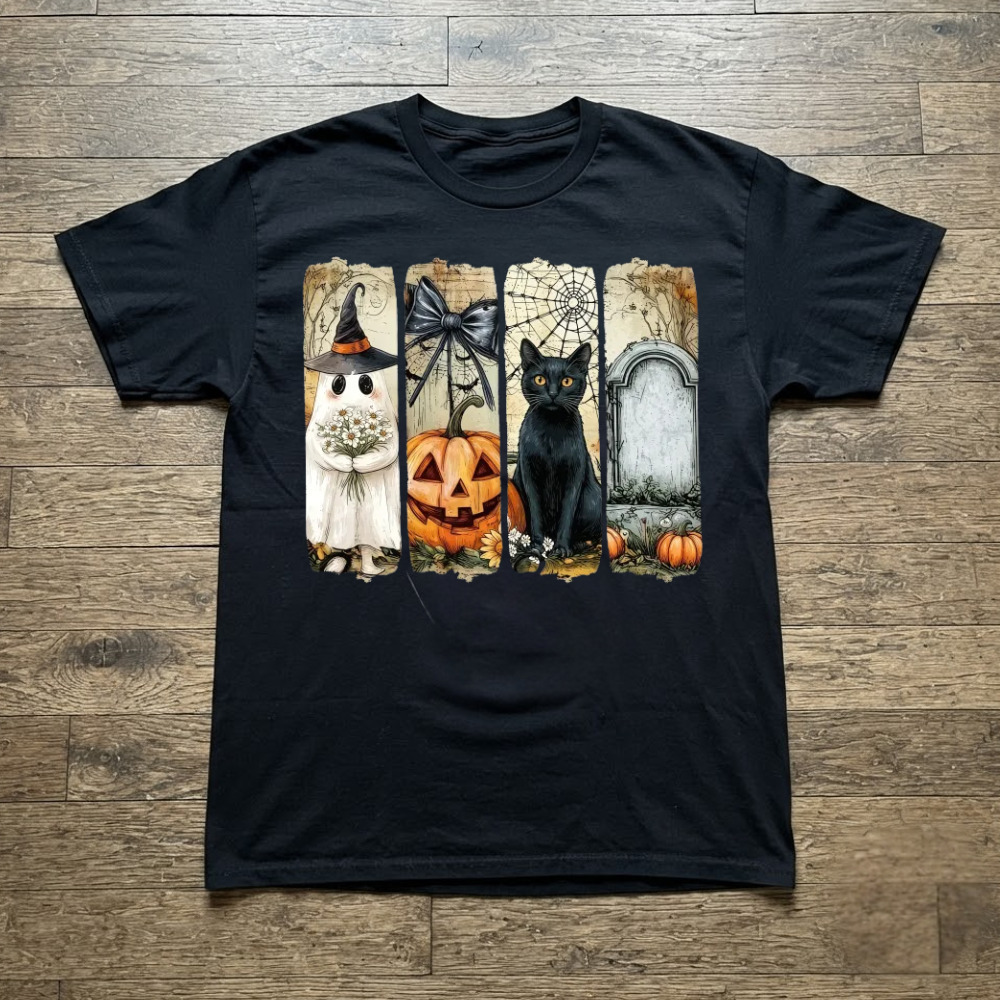Halloween Ghost Pumpkin Black Cat Tombstone Panels T-Shirt
